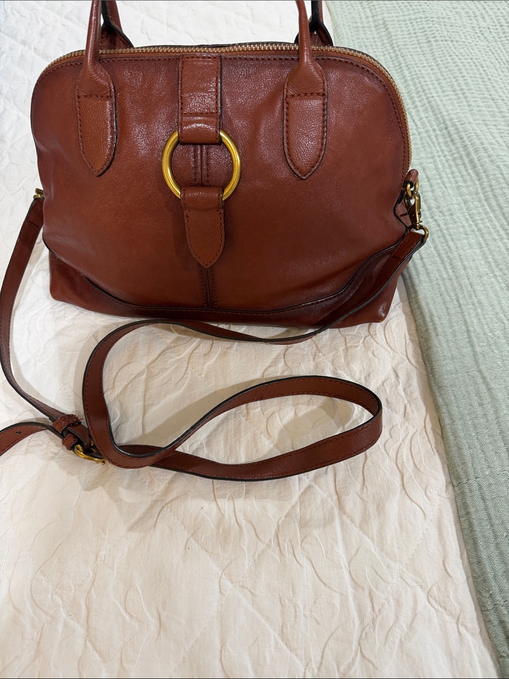 Frye Ring done Leather Crossbody Satchel in Brown with Gold Ring Accent